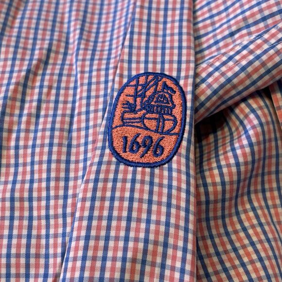 Peter Millar Blue & Orange Checked Button Down Men’s Size Large Weekender Finish - Picture 10 of 10